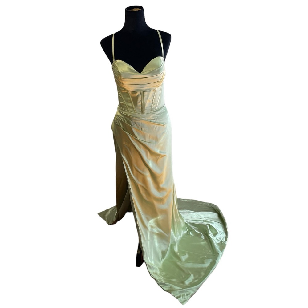Sage Green Satin Corset Spaghetti Strap Floor Length Formal Cross Back Dress